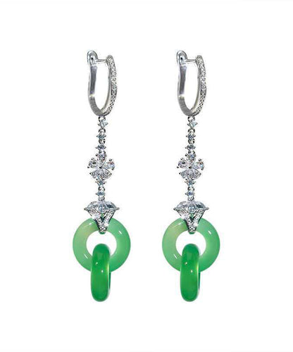 Chic Green Sterling Silver Zircon Jade Ping Buckle Tassel Drop Earrings AC1078