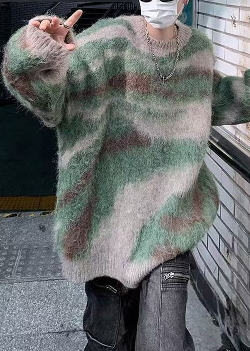 Schicker grün gestreifter Patchwork-Strickpullover für Herren, Winter, RC028