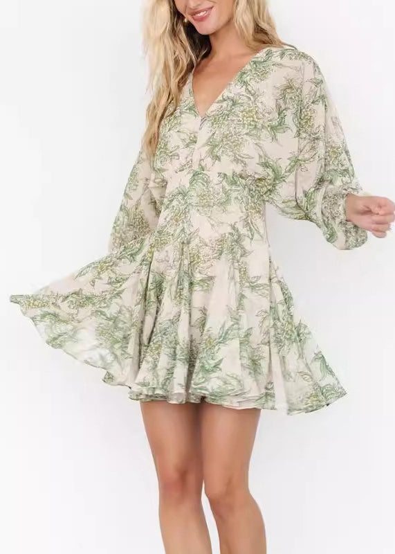 Chic Green V Neck Print Chiffon Mid Dress Long Sleeve AU1026