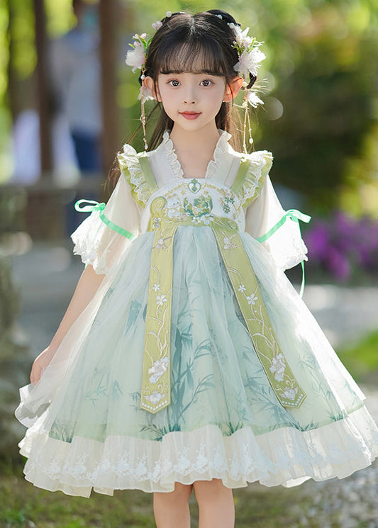 Kleid mit Rüschenkragen, schick, Patchwork, V-Ausschnitt, Maxi, grün, Chiffon, für Kinder