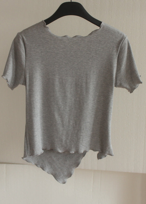 Chic Grey Asymmetrical Wrinkled Short Sleeve QB024