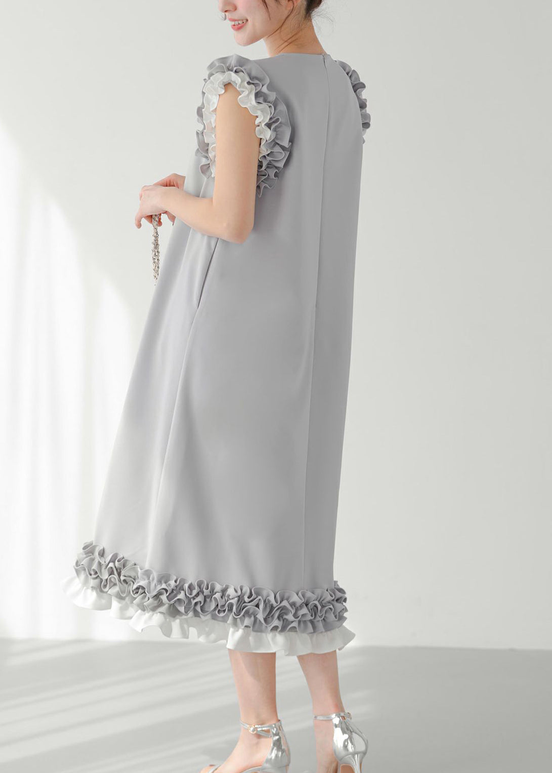 Chic Decorated Pearl Straight Ruffled Dress Patchwork Grey