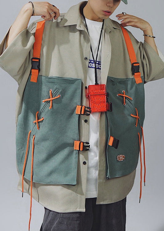 Hemden Spitze Ärmel Up Männer Baumwolle Halb Chic T Patchwork Khaki