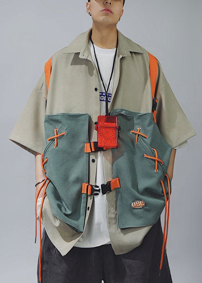 Hemden Spitze Ärmel Up Männer Baumwolle Halb Chic T Patchwork Khaki