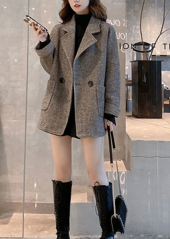 Chic Khaki Notched Pockets Woolen Coat Winter RS048