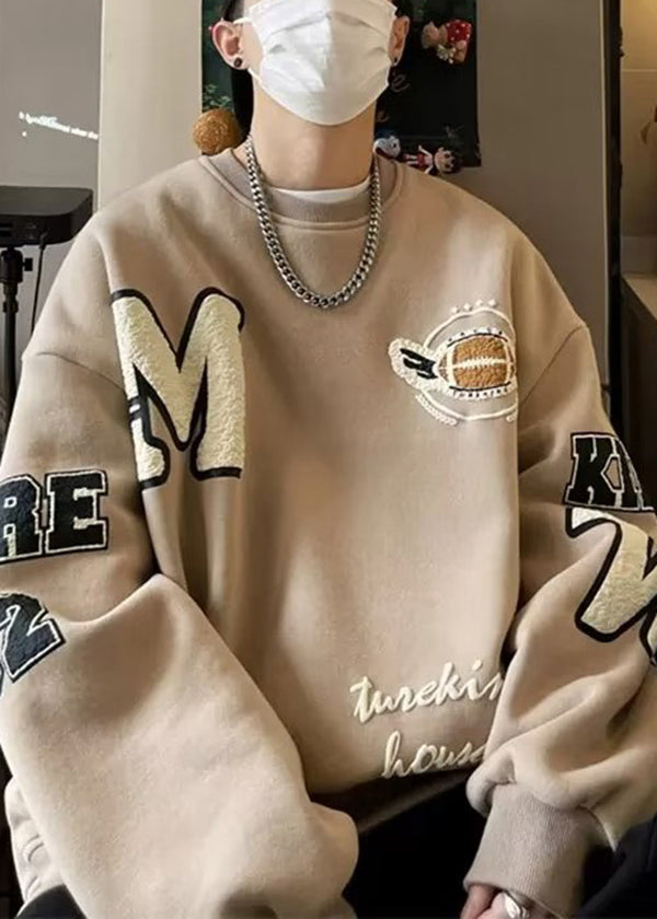 Sweat-shirt ample kaki chic à col rond et patchwork en polaire chaude pour homme, collection hiver EQ017