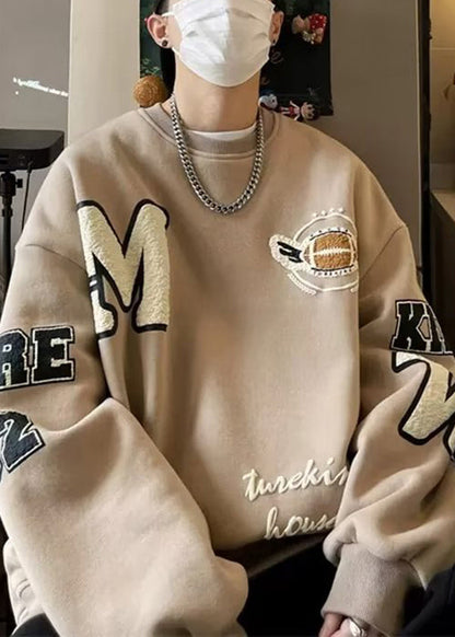 Sweat-shirt ample kaki chic à col rond et patchwork en polaire chaude pour homme, collection hiver EQ017