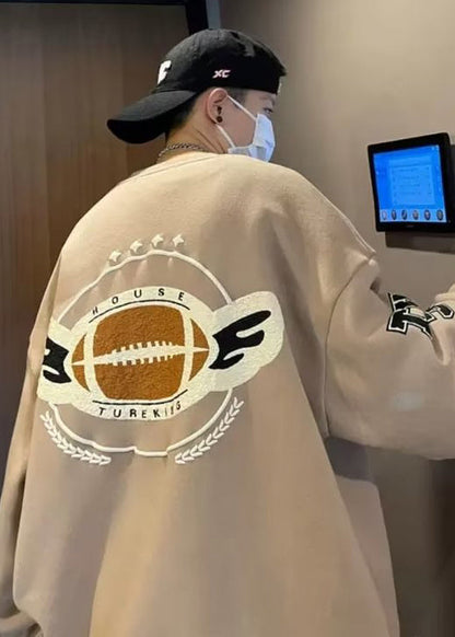 Sweat-shirt ample kaki chic à col rond et patchwork en polaire chaude pour homme, collection hiver EQ017