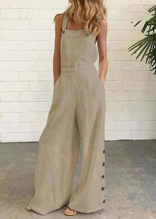 Khaki Cotton Chic Patchwork Pockets Jumpsuit Button Summer