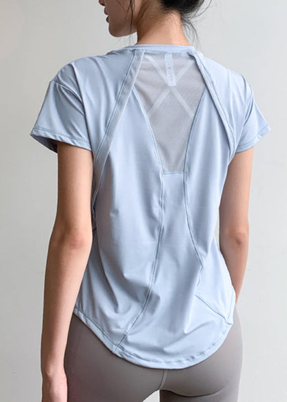 Patchwork Kurzes Leichtes Yoga Tüll Ärmel Blau Top Chic