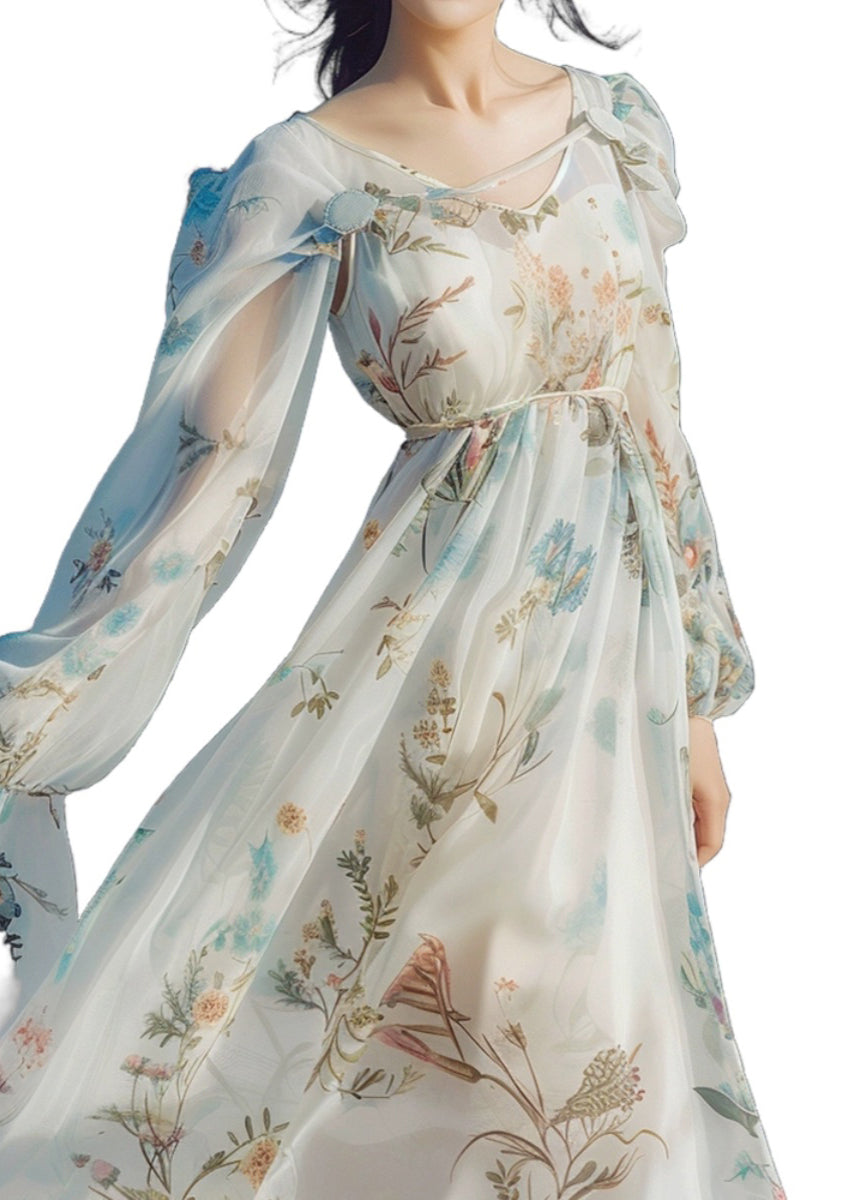 Chic Light Blue V Neck Print Chiffon Long Dress Long Sleeve KJ011