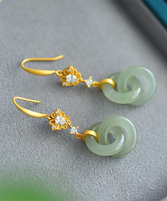 Chic Light Green Sterling Silver Overgild Double Ring Jade Zircon Drop Earrings GH1020