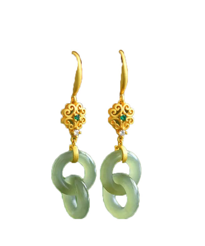 Chic Light Green Sterling Silver Overgild Double Ring Jade Zircon Drop Earrings GH1020