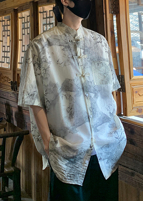 Chic Light Grey Chinese Button Print Ice Silk Mens Shirts Summer YT075