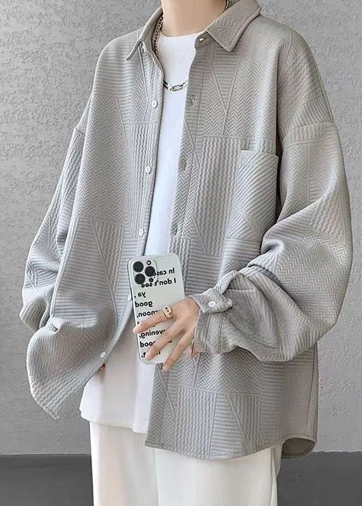 Schicke hellgraue Jacquard-Taschen Baumwolle Herrenhemden Herbst RO003