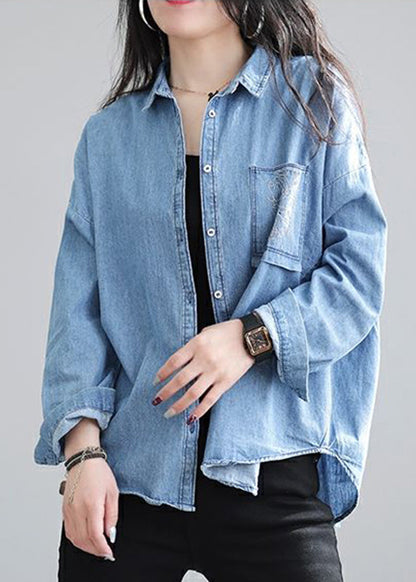 Schickes, marineblaues, besticktes Jeanshemd, Frühling, TJ020