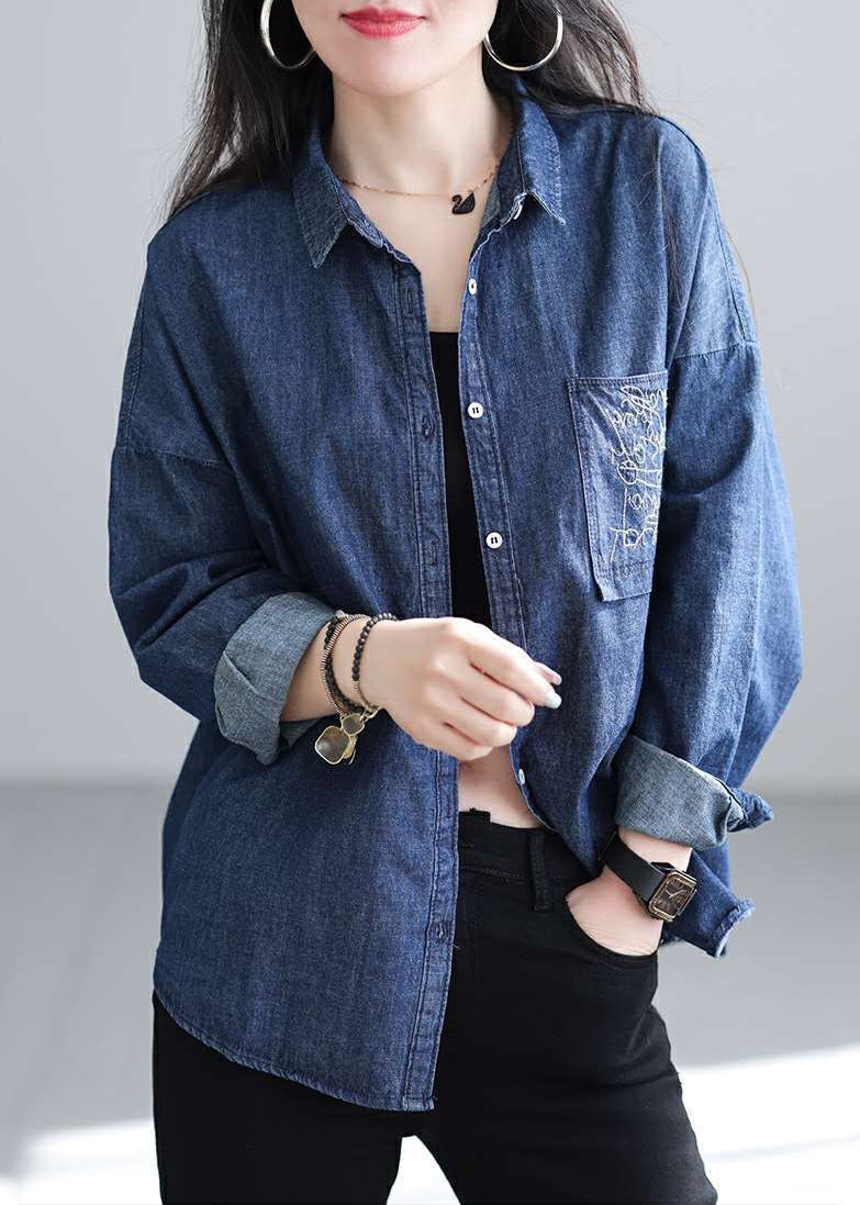 Schickes, marineblaues, besticktes Jeanshemd, Frühling, TJ020