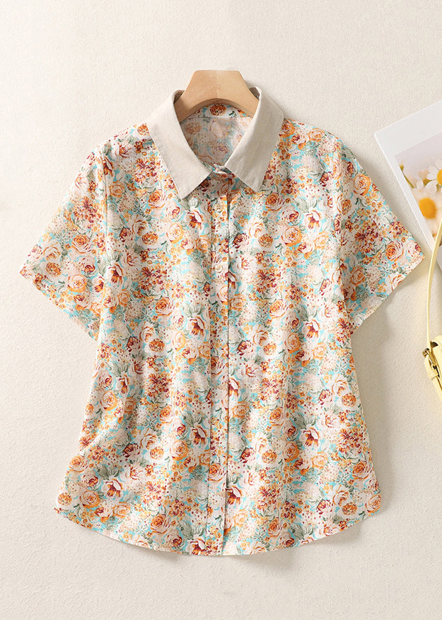 Chic Orange Peter Pan Collar Print Cotton Shirt Summer GG003