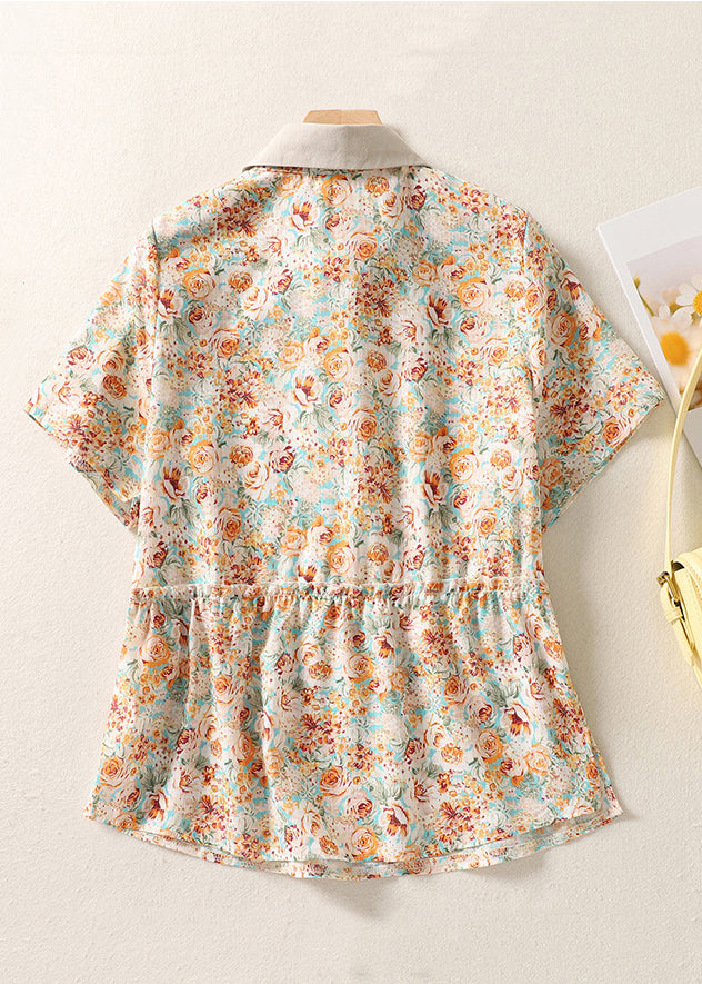 Chic Orange Peter Pan Collar Print Cotton Shirt Summer GG003