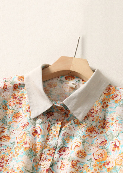 Chic Orange Peter Pan Collar Print Cotton Shirt Summer GG003