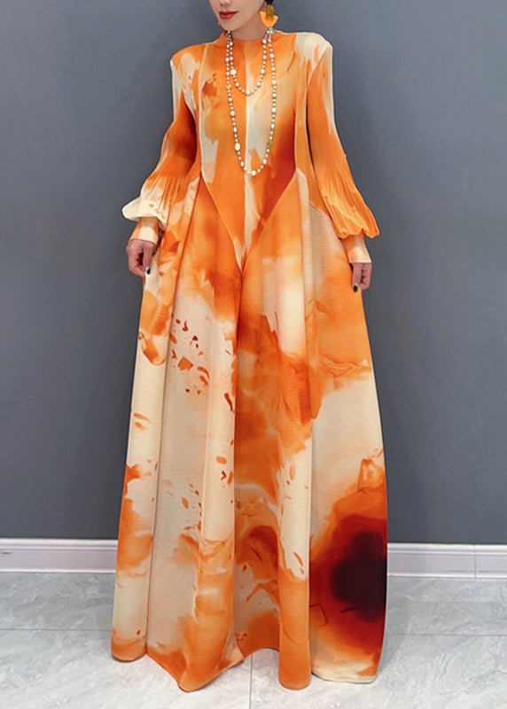 Chic Orange Stand Collar Wrinkled Chiffon Long Dress Spring UU1060