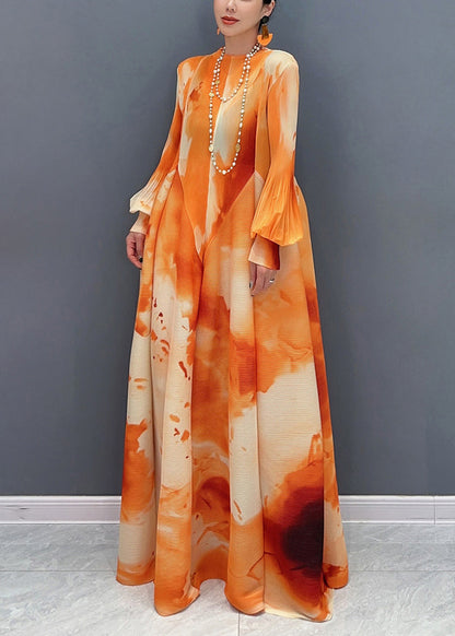 Robe longue en mousseline froissée à col montant orange chic Printemps UU1060