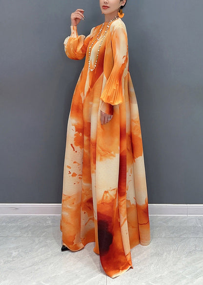 Robe longue en mousseline froissée à col montant orange chic Printemps UU1060