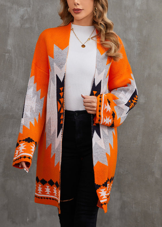 Chic Orange V Neck Patchwork Knit Cardigan Fall AE1013