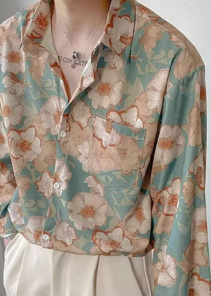 Chic Peter Pan Collar Print Ice Silk Shirt Men Long Sleeve HG028