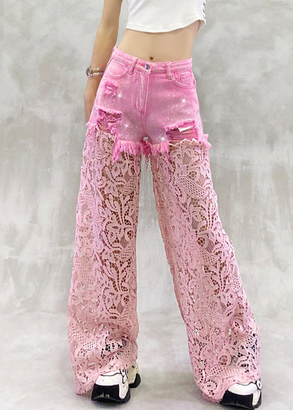 Summer Zircon Pants Lace Out Hollow Chic Patchwork Pink