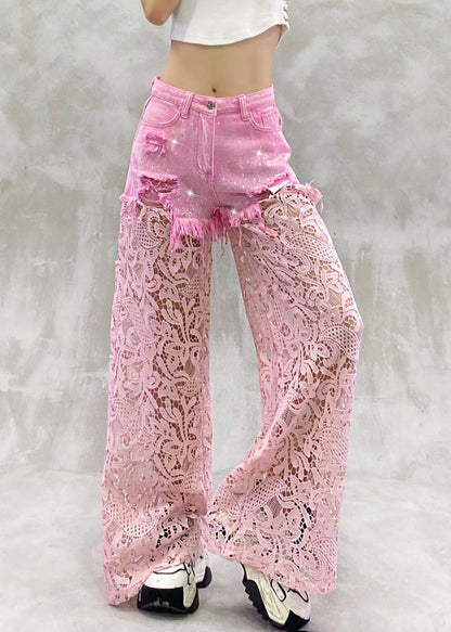 Summer Zircon Pants Lace Out Hollow Chic Patchwork Pink