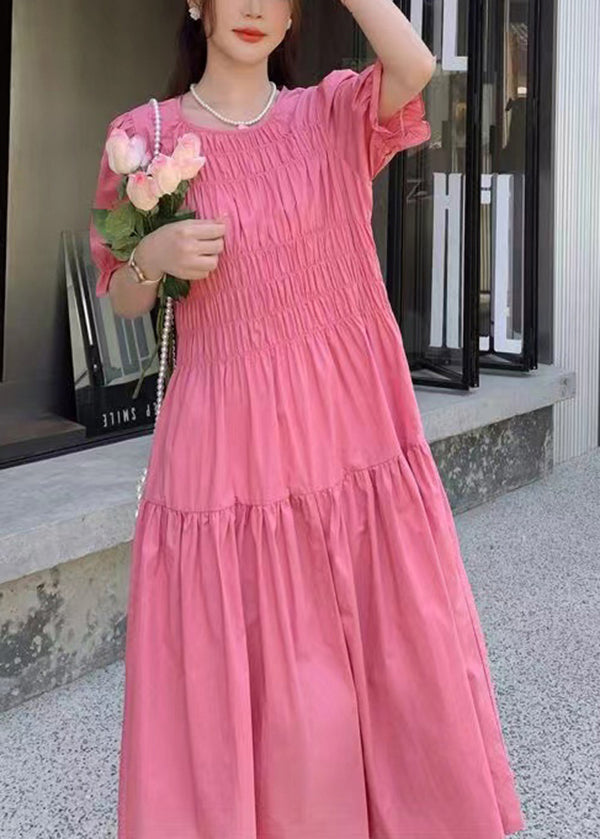 Chic Pink O Neck Puff Sleeve Wrinkled Patchwork Cotton Long Dress XX034