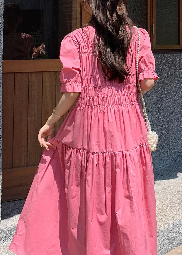 Chic Pink O Neck Puff Sleeve Wrinkled Patchwork Cotton Long Dress XX034