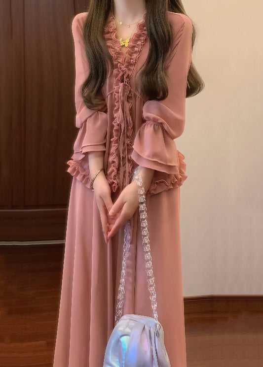 Shirt Ruffled Skirts Up Set And Two Pieces Chic Lace Pink Chiffon