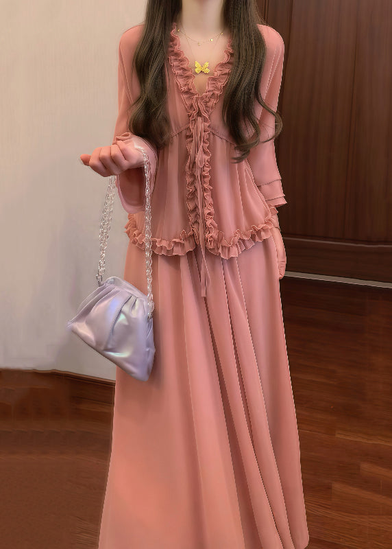 Shirt Ruffled Skirts Up Set And Two Pieces Chic Lace Pink Chiffon