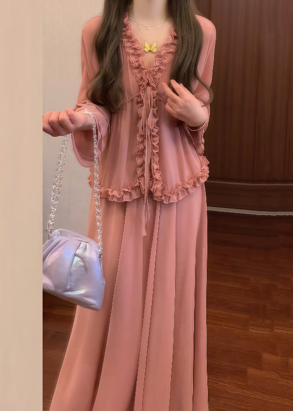 Shirt Ruffled Skirts Up Set And Two Pieces Chic Lace Pink Chiffon