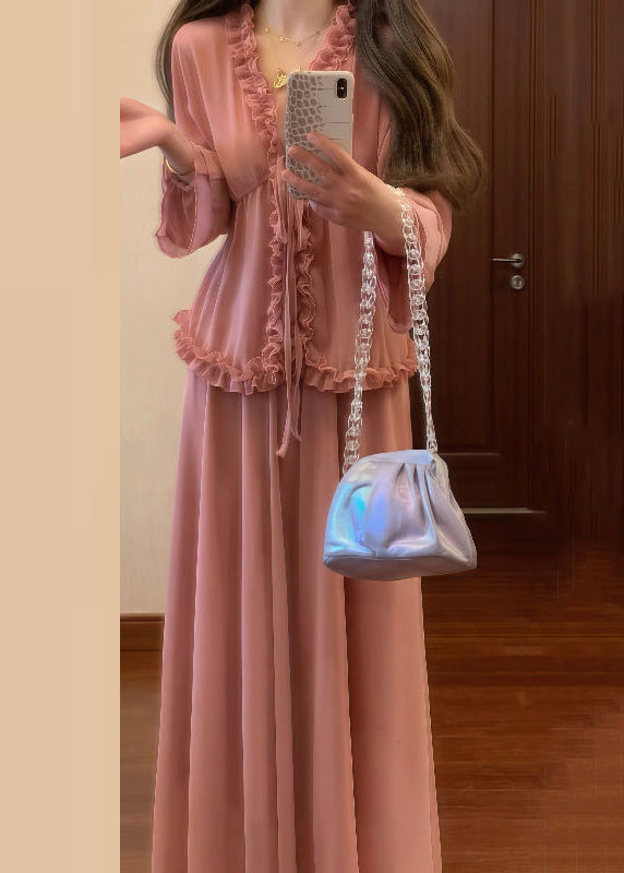 Shirt Ruffled Skirts Up Set And Two Pieces Chic Lace Pink Chiffon