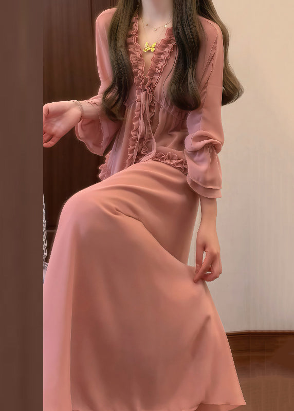 Shirt Ruffled Skirts Up Set And Two Pieces Chic Lace Pink Chiffon