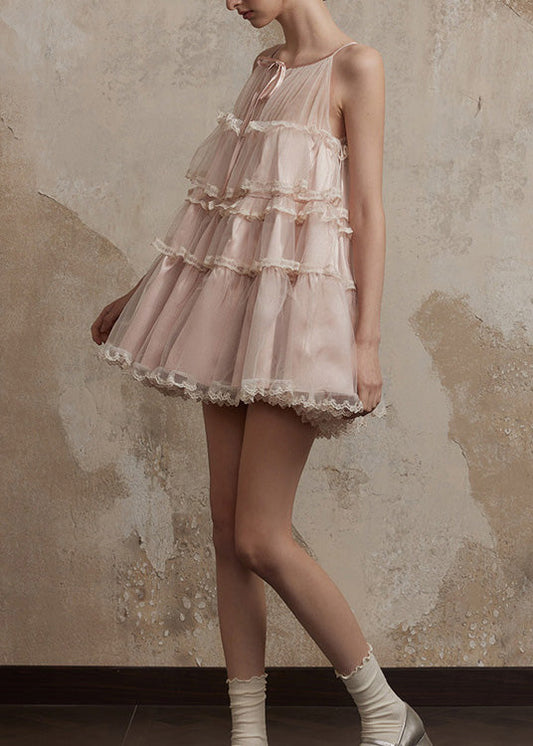 Rüschen Patchwork Tüll Rosa Chic Sommer Kleider Mini