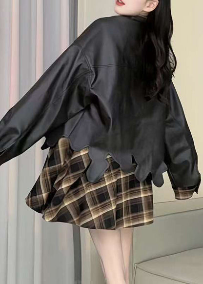 Chic Plaid Patchwork False Two Pieces Faux Leather Coat Spring TY004