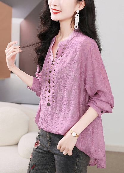 Shirts Sleeve Nail Bead Purple Embroidered Cotton Long Chic