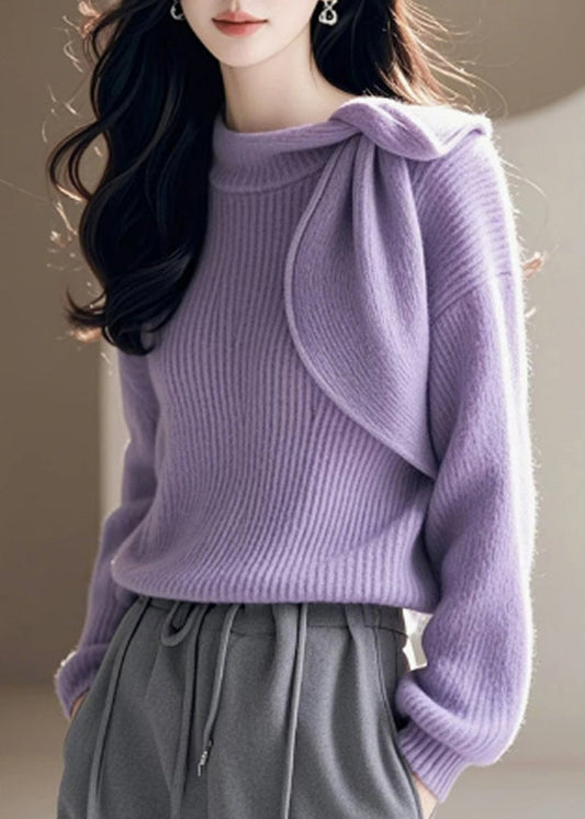 Chic Lila O Neck Bogen Gestrickte Pullover Frühling TO005