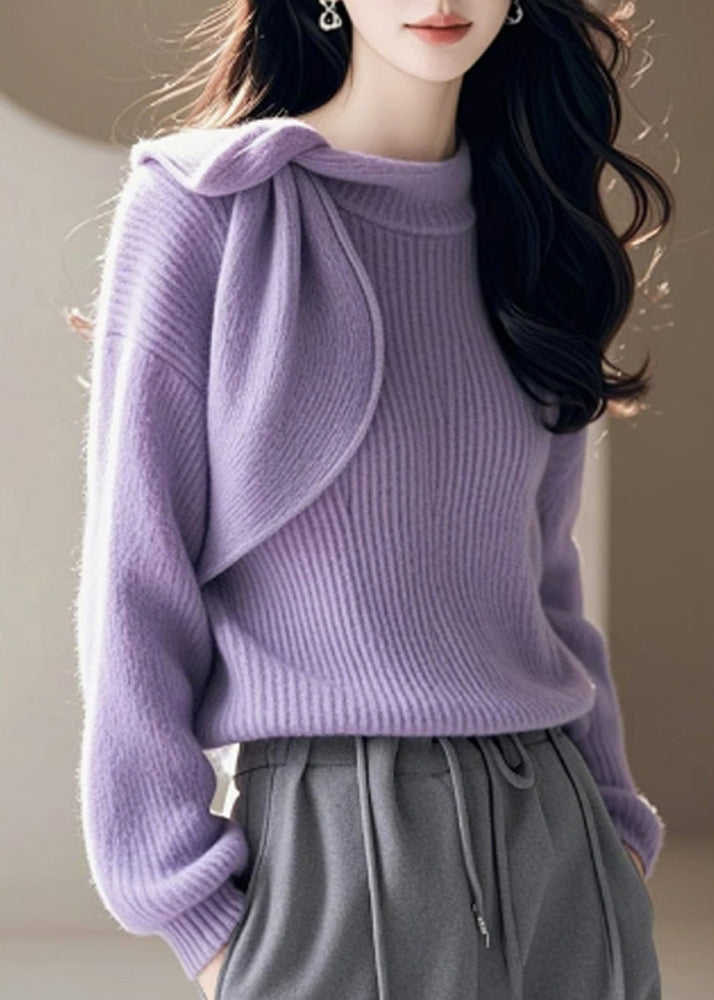 Chic Lila O Neck Bogen Gestrickte Pullover Frühling TO005