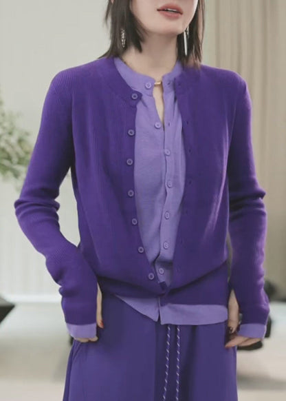 Pull en tricot de coton deux pièces chic violet à col rond et boutons artificiels pour l'hiver WZ034