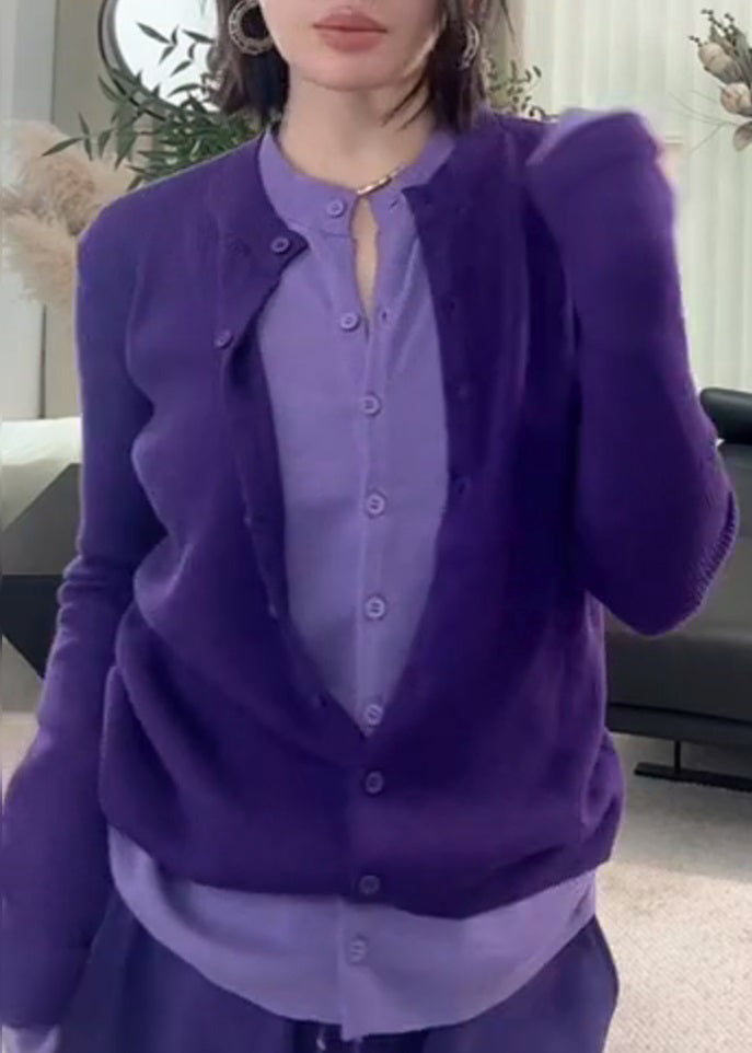 Pull en tricot de coton deux pièces chic violet à col rond et boutons artificiels pour l'hiver WZ034