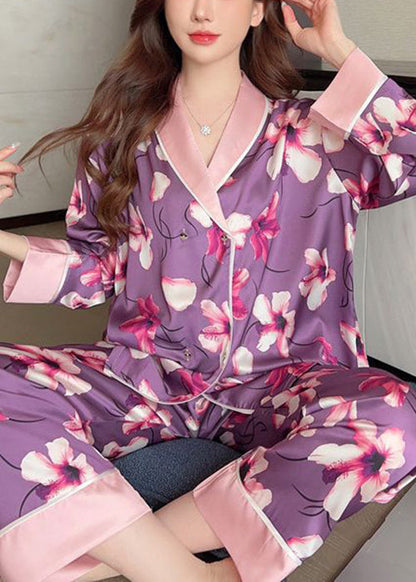 Schicker lila Print Patchwork Ice Silk Pyjama Zweiteiler Frühling YK005