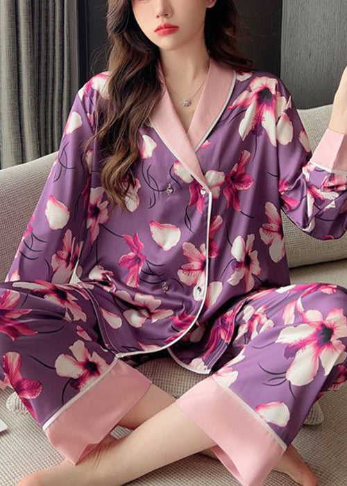 Schicker lila Print Patchwork Ice Silk Pyjama Zweiteiler Frühling YK005