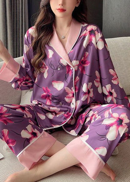 Schicker lila Print Patchwork Ice Silk Pyjama Zweiteiler Frühling YK005