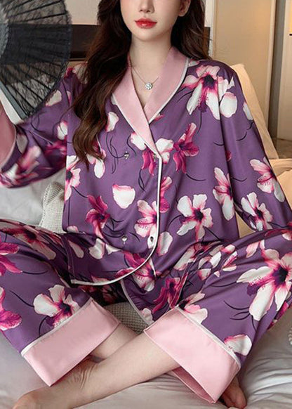 Schicker lila Print Patchwork Ice Silk Pyjama Zweiteiler Frühling YK005