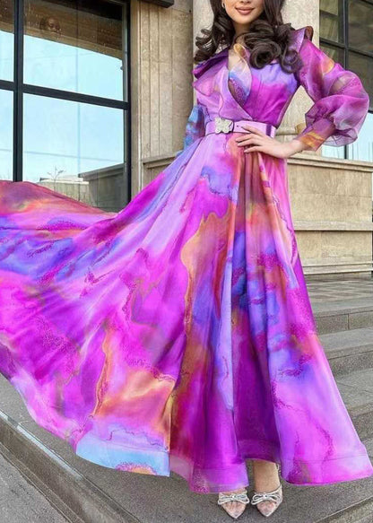 Robe chic à imprimé violet avec ceintures et patchwork en tulle et ourlet extra large, printemps WW1035